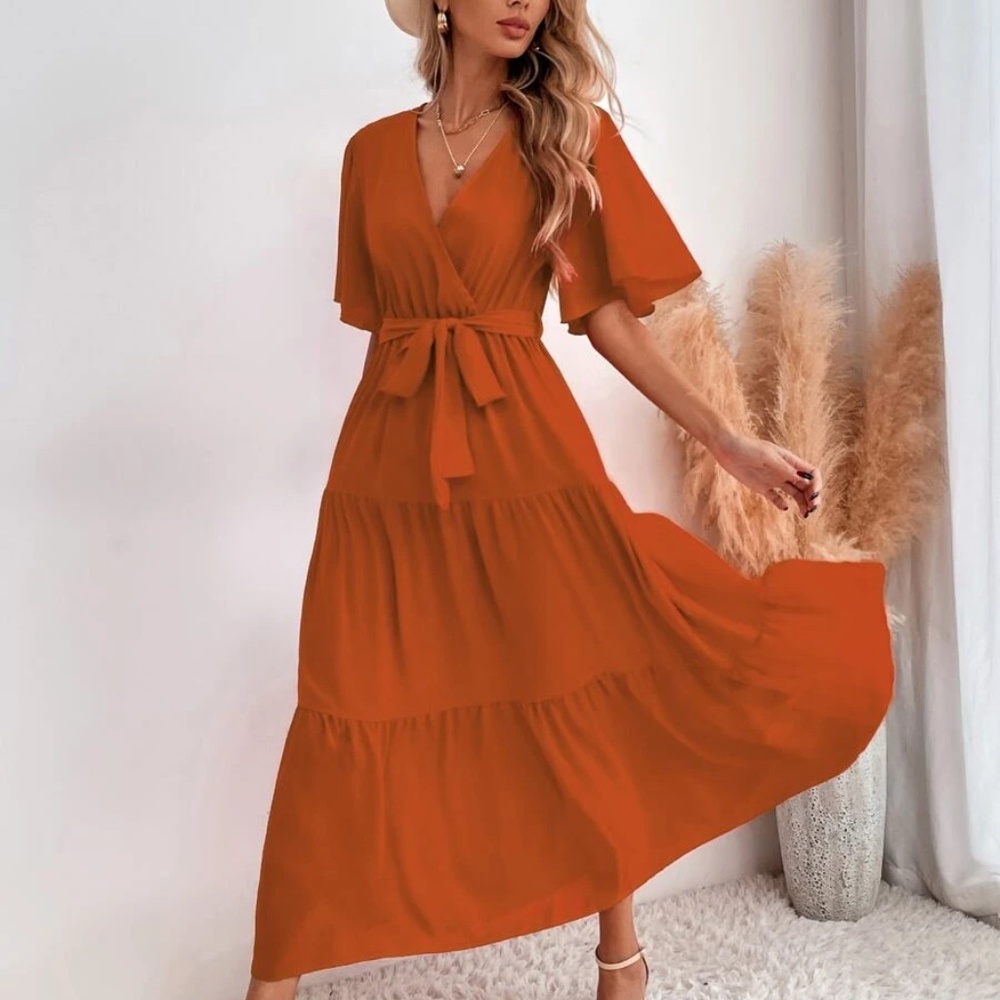 Boho Surplice Butterfly Sleeve Ruffle Maxi Dress - Picture 3 of 11
